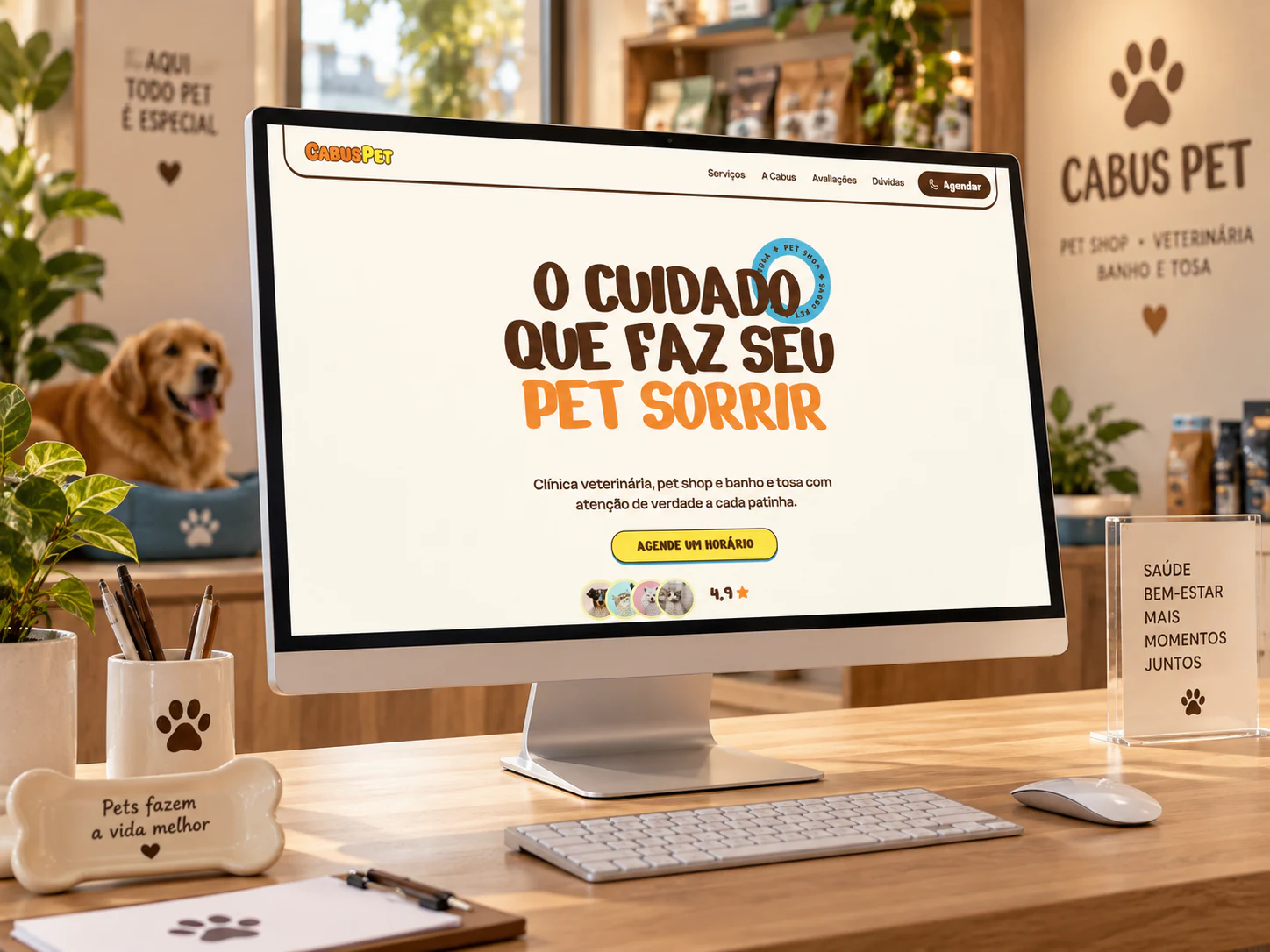 Projeto do site Cabus Pet exibido em um monitor dentro de um pet shop acolhedor