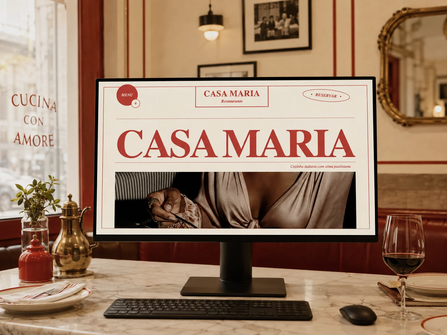 Projeto do site Casa Maria exibido em um monitor dentro de uma trattoria