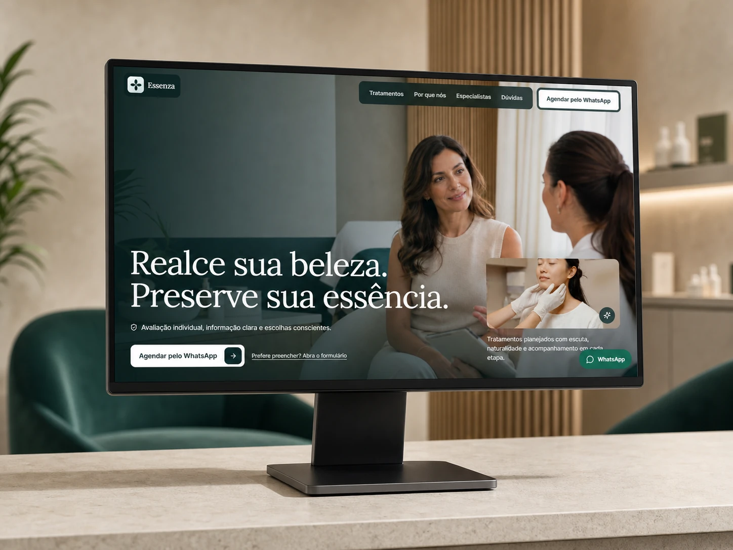 Projeto de site da Essenza Clínica Estética exibido em um monitor