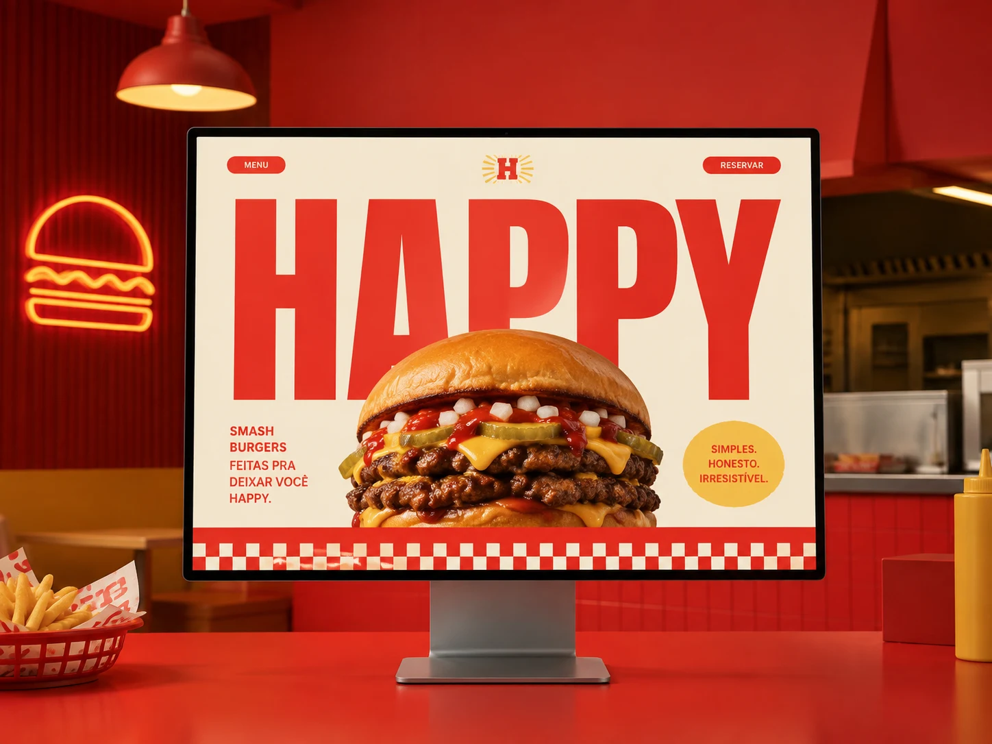 Projeto do site Happy exibido em um monitor dentro de uma hamburgueria