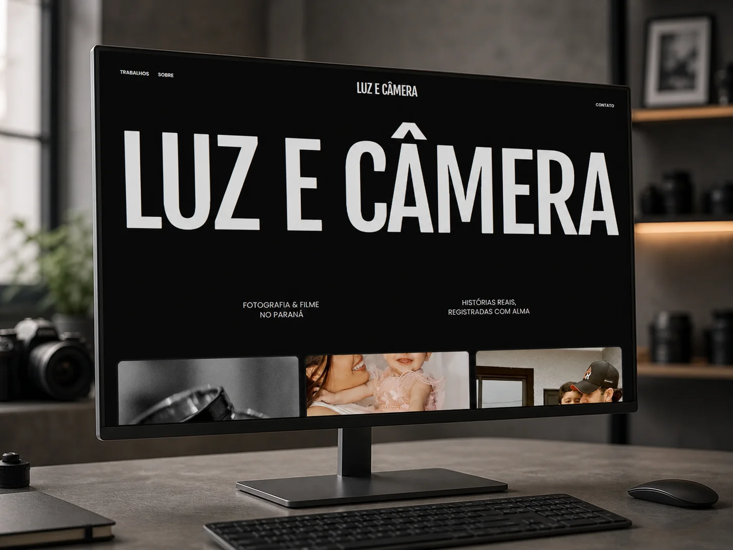 Projeto de portfólio audiovisual Luz e Câmera exibido em um monitor