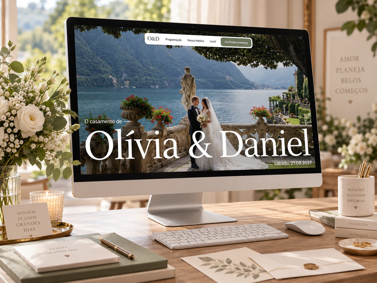 Projeto do site de casamento de Olívia e Daniel exibido em um monitor sobre uma mesa de planejamento